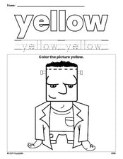 Free Halloween Frankenstein color yellow coloring page and color worksheet, yellow worksheet for preschoolers to learn colors, printable PDF