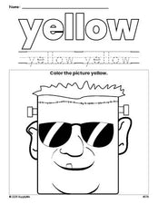 Free Halloween Frankenstein color yellow coloring page and color worksheet, yellow worksheet for preschoolers to learn colors, printable PDF