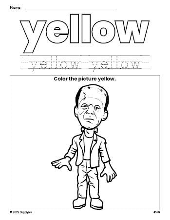 Free Halloween Frankenstein color yellow coloring page and color worksheet, yellow worksheet for preschoolers to learn colors, printable PDF