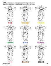 Free Halloween Frankenstein coloring page and color worksheet for preschoolers to learn colors, printable PDF