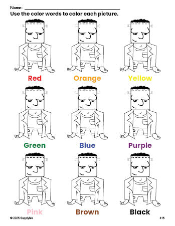 Free Halloween Frankenstein coloring page and color worksheet for preschoolers to learn colors, printable PDF