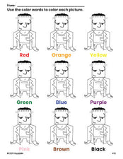 Free Halloween Frankenstein coloring page and color worksheet for preschoolers to learn colors, printable PDF