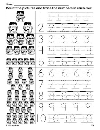 Free printable Halloween Frankenstein counting worksheet for preschool and pre-k with number tracing practice 1-10, PDF