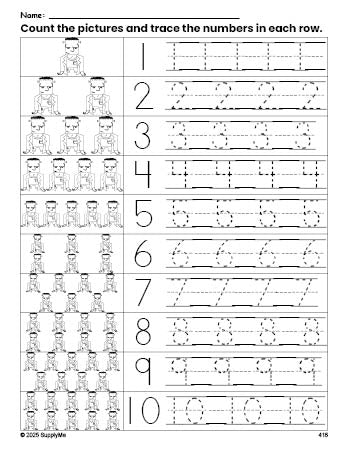 Free printable Halloween Frankenstein counting worksheet for preschool and pre-k with number tracing practice 1-10, PDF