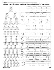 Free printable Halloween Frankenstein counting worksheet for preschool and pre-k with number tracing practice 1-10, PDF