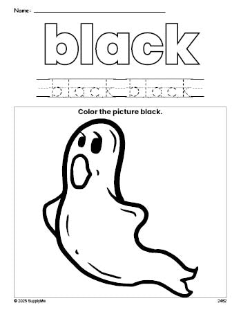 Free Halloween ghost color black coloring page and color worksheet, black worksheet for preschoolers to learn colors, printable PDF