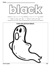 Free Halloween ghost color black coloring page and color worksheet, black worksheet for preschoolers to learn colors, printable PDF