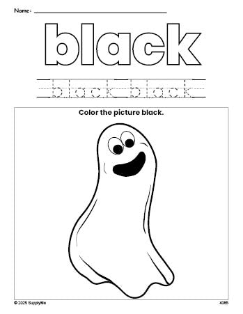 Free Halloween ghost color black coloring page and color worksheet, black worksheet for preschoolers to learn colors, printable PDF