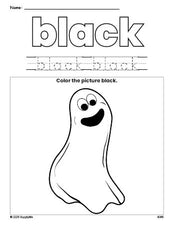 Free Halloween ghost color black coloring page and color worksheet, black worksheet for preschoolers to learn colors, printable PDF