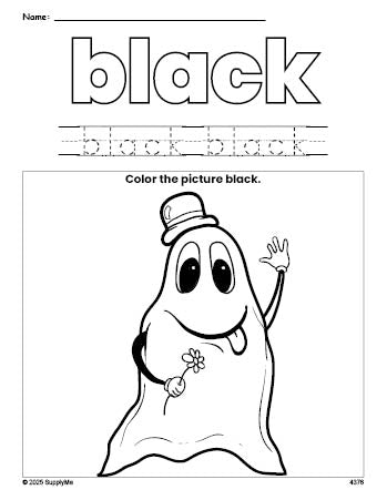 Free Halloween ghost color black coloring page and color worksheet, black worksheet for preschoolers to learn colors, printable PDF