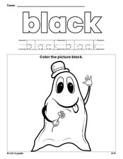 Free Halloween ghost color black coloring page and color worksheet, black worksheet for preschoolers to learn colors, printable PDF