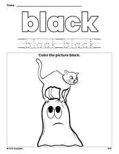 Free Halloween ghost color black coloring page and color worksheet, black worksheet for preschoolers to learn colors, printable PDF