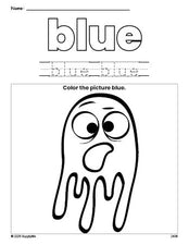 Free Halloween ghost color blue coloring page and color worksheet, blue worksheet for preschoolers to learn colors, printable PDF