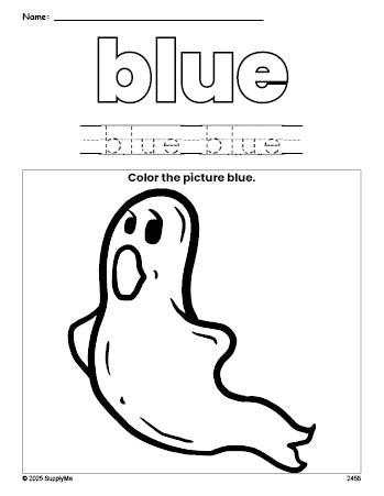 Free Halloween ghost color blue coloring page and color worksheet, blue worksheet for preschoolers to learn colors, printable PDF