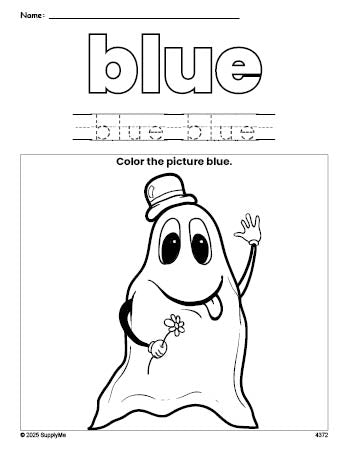 Free Halloween ghost color blue coloring page and color worksheet, blue worksheet for preschoolers to learn colors, printable PDF