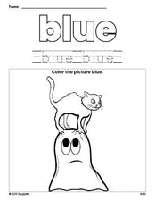 Free Halloween ghost color blue coloring page and color worksheet, blue worksheet for preschoolers to learn colors, printable PDF