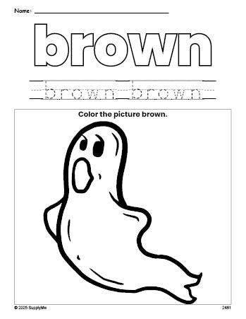 Free Halloween ghost color brown coloring page and color worksheet, brown worksheet for preschoolers to learn colors, printable PDF