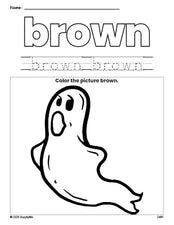 Free Halloween ghost color brown coloring page and color worksheet, brown worksheet for preschoolers to learn colors, printable PDF