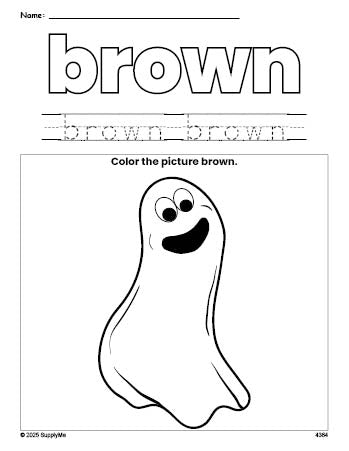 Free Halloween ghost color brown coloring page and color worksheet, brown worksheet for preschoolers to learn colors, printable PDF