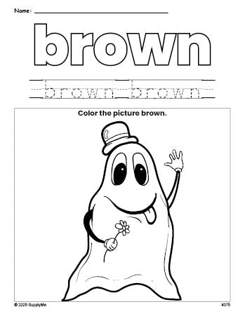 Free Halloween ghost color brown coloring page and color worksheet, brown worksheet for preschoolers to learn colors, printable PDF