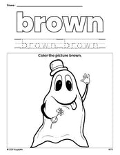 Free Halloween ghost color brown coloring page and color worksheet, brown worksheet for preschoolers to learn colors, printable PDF