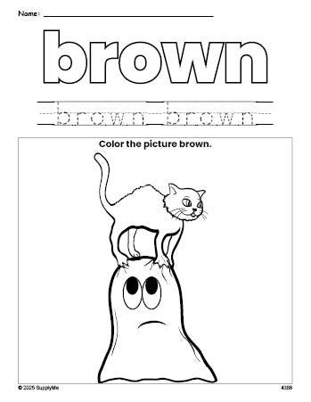 Free Halloween ghost color brown coloring page and color worksheet, brown worksheet for preschoolers to learn colors, printable PDF