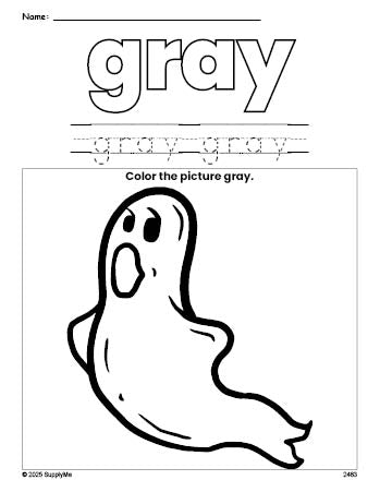 Free Halloween ghost color gray coloring page and color worksheet, gray worksheet for preschoolers to learn colors, printable PDF