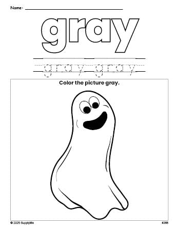 Free Halloween ghost color gray coloring page and color worksheet, gray worksheet for preschoolers to learn colors, printable PDF