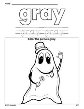 Free Halloween ghost color gray coloring page and color worksheet, gray worksheet for preschoolers to learn colors, printable PDF