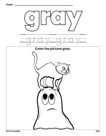 Free Halloween ghost color gray coloring page and color worksheet, gray worksheet for preschoolers to learn colors, printable PDF