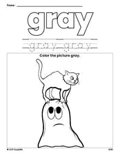 Free Halloween ghost color gray coloring page and color worksheet, gray worksheet for preschoolers to learn colors, printable PDF