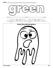 Free Halloween ghost color green coloring page and color worksheet, green worksheet for preschoolers to learn colors, printable PDF