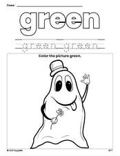 Free Halloween ghost color green coloring page and color worksheet, green worksheet for preschoolers to learn colors, printable PDF