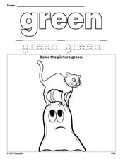 Free Halloween ghost color green coloring page and color worksheet, green worksheet for preschoolers to learn colors, printable PDF