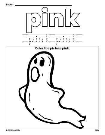 Free Halloween ghost color pink coloring page and color worksheet, pink worksheet for preschoolers to learn colors, printable PDF