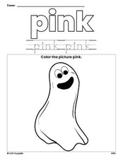 Free Halloween ghost color pink coloring page and color worksheet, pink worksheet for preschoolers to learn colors, printable PDF