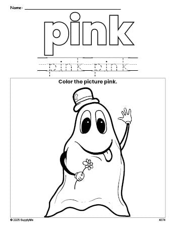 Free Halloween ghost color pink coloring page and color worksheet, pink worksheet for preschoolers to learn colors, printable PDF