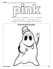 Free Halloween ghost color pink coloring page and color worksheet, pink worksheet for preschoolers to learn colors, printable PDF