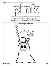 Free Halloween ghost color pink coloring page and color worksheet, pink worksheet for preschoolers to learn colors, printable PDF