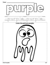 Free Halloween ghost color purple coloring page and color worksheet, purple worksheet for preschoolers to learn colors, printable PDF