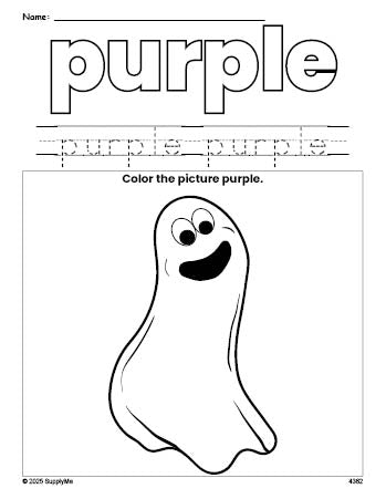 Free Halloween ghost color purple coloring page and color worksheet, purple worksheet for preschoolers to learn colors, printable PDF