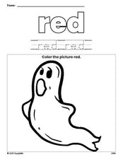 Free Halloween ghost color red coloring page and color worksheet, red worksheet for preschoolers to learn colors, printable PDF