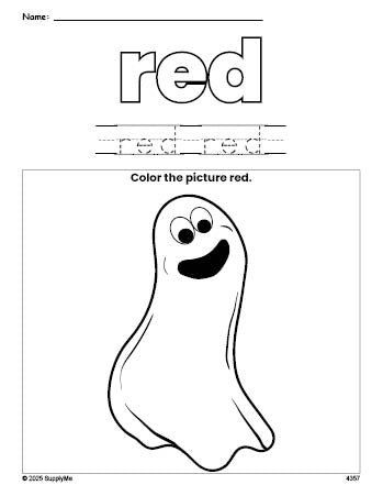 Free Halloween ghost color red coloring page and color worksheet, red worksheet for preschoolers to learn colors, printable PDF