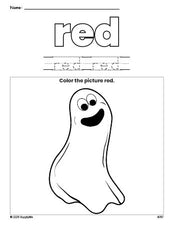 Free Halloween ghost color red coloring page and color worksheet, red worksheet for preschoolers to learn colors, printable PDF