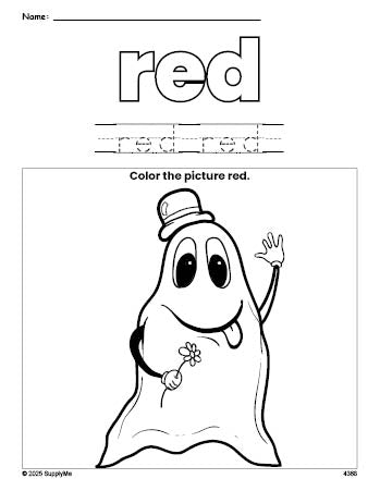 Free Halloween ghost color red coloring page and color worksheet, red worksheet for preschoolers to learn colors, printable PDF