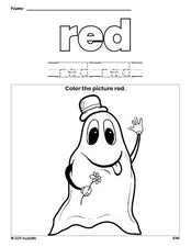 Free Halloween ghost color red coloring page and color worksheet, red worksheet for preschoolers to learn colors, printable PDF