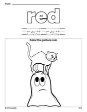 Free Halloween ghost color red coloring page and color worksheet, red worksheet for preschoolers to learn colors, printable PDF