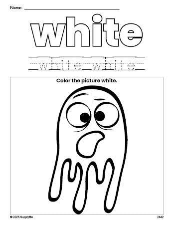 Free Halloween ghost color white coloring page and color worksheet, white worksheet for preschoolers to learn colors, printable PDF