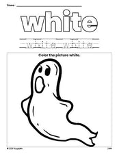 Free Halloween ghost color white coloring page and color worksheet, white worksheet for preschoolers to learn colors, printable PDF