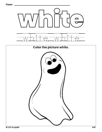 Free Halloween ghost color white coloring page and color worksheet, white worksheet for preschoolers to learn colors, printable PDF